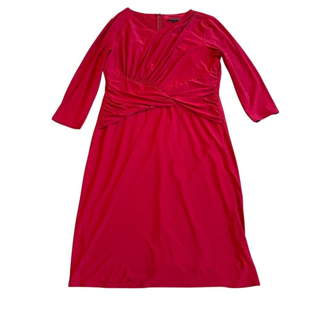 David Meister Red Knee Length Stretch Dress Gathered Waist Fitted Size 12 Womens